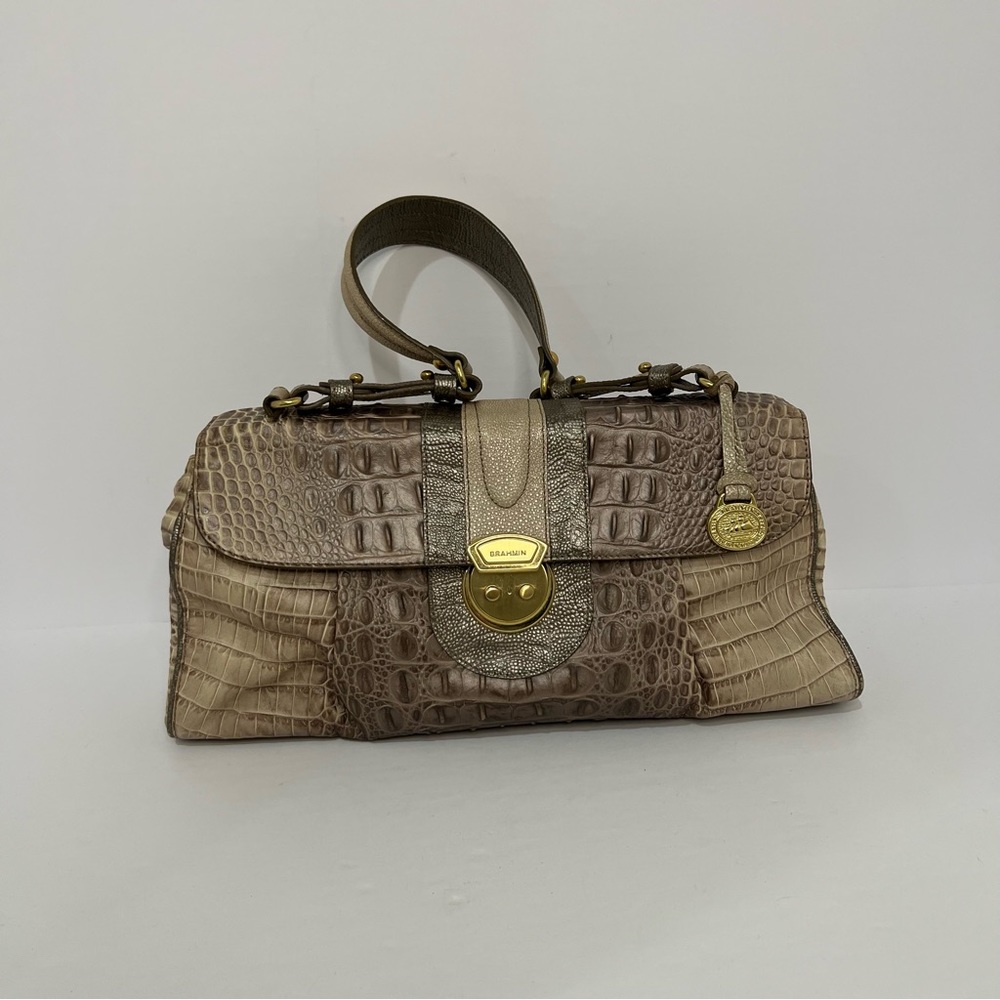 Brahmin Miriam Matia Satchel Purse Croc Embossed Leather Cream Gold Size OS